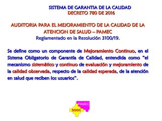 SISTEMA DE GARANTIA DE LA CALIDAD
SISTEMA DE GARANTIA DE LA CALIDAD
DECRETO 780 DE 2016
DECRETO 780 DE 2016
AUDITORIA PARA EL MEJORAMIENTO DE LA CALIDAD DE LA
AUDITORIA PARA EL MEJORAMIENTO DE LA CALIDAD DE LA
ATENCION DE SALUD – PAMEC
ATENCION DE SALUD – PAMEC
Reglamentado en la Resolución 3100/19.
Reglamentado en la Resolución 3100/19.
Se define como un componente de
Se define como un componente de Mejoramiento Continuo
Mejoramiento Continuo, en el
, en el
Sistema Obligatorio de Garantía de Calidad, entendida como “el
Sistema Obligatorio de Garantía de Calidad, entendida como “el
mecanismo
mecanismo sistemático
sistemático y
y continuo
continuo de
de evaluación
evaluación y
y mejoramiento
mejoramiento de
de
la
la calidad observada
calidad observada, respecto de la
, respecto de la calidad esperada
calidad esperada, de la atención
, de la atención
en salud que reciben los usuarios”.
en salud que reciben los usuarios”.
SOGC
SOGC
PAMEC
 