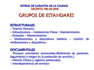 GRUPOS DE ESTANDARES
GRUPOS DE ESTANDARES
SISTEMA DE GARANTIA DE LA CALIDAD
SISTEMA DE GARANTIA DE LA CALIDAD
DECRETO 780 DE 2016
DECRETO 780 DE 2016
ESTRUCTURALES:
ESTRUCTURALES:
– Talento Humano.
– Infraestructura – Instalaciones Físicas - Mantenimiento.
– Dotación – Mantenimiento.
– Medicamentos y dispositivos médicos – Gestión de
medicamentos y dispositivos.
DOCUMENTALES
DOCUMENTALES
– Procesos prioritarios asistenciales.(Referencia de pacientes.
Seguimiento a riesgos en la prestación de servicios.)
– Historia Clínica y registros asistenciales.
– Interdependencia de servicios
 