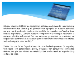 Misión, Lograr establecer un estándar de calidad, servicio, costo y compromiso
total con nuestros clientes y así generar valor agregado en nuestros servicios,
por eso nuestra principio fundamental y misión de negocio es ... “Aplicar toda
nuestra experiencia, Cumplir nuestros compromisos y entregar resultados a
nuestros clientes. Además de Ser una empresa generadora de empleos y de
negocio que contribuya a la sociedad para el bienestar de nuestros consultores,
socios de negocio y sus familias.”
Visión, Ser una de las Organizaciones de consultoría de procesos de negocio y
tecnología, con participación global, integrada por consultores calificados,
reconocidos por sus niveles de servicio, capacidades técnicas, experiencia y
códigos de ética.
 