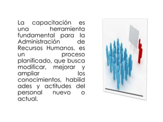 La capacitación es
una
herramienta
fundamental para la
Administración
de
Recursos Humanos, es
un
proceso
planificado, que busca
modificar, mejorar y
ampliar
los
conocimientos, habilid
ades y actitudes del
personal
nuevo
o
actual.

 
