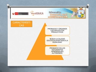 CARACTERÍSTI
CAS
PROMUEVE Y ORGANIZA
LOS PROYECTOS
PRODUCTIVOS.

BUSCA LA CALIDAD
EDUCATIVA ADAPTADA A LA
RURALIDAD.

PROMUEVE EN LOS
ESTUDIANTES
APRENDIZAJES
AUTÓNOMOS.

 