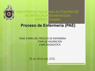 UNIVERSIDAD NACIONAL AUTONOMA DE
NICARAGUA UNAN-MANAGUA
FAREM Chontales
Proceso de Enfermería (PAE)
TEMA: ETAPAS DEL PROCESO DE ENFERMERIA
• ETAPA DE VALORACION
• ETAPA DIAGNOSTICA
•
18 de Abril del 2016
 