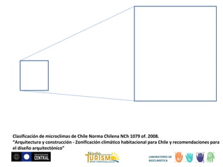 Clasificación de microclimas de Chile Norma Chilena NCh 1079 of. 2008.
“Arquitectura y construcción - Zonificación climático habitacional para Chile y recomendaciones para
el diseño arquitectónico”
LABORATORIO DE
BIOCLIMÁTICA

 