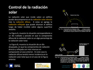 Control de la radiación
solar
La radiación solar que incide sobre un edificio
puede descomponerse en la radiación solar directa
más la radiación difusa. A estas se agrega la
radiación reflejada que puede alcanzar al edificio
luego de haber incidido sobre alguna superficie
aledaña.
La Figura A, muestra la situación correspondiente a
un día nublado y poluido en que la componente
difusa de la radiación solar es un algo porcentaje de
la radiación solar total.
La Figura B, muestra la situación de un día
despejado, en que las componentes de radiación
directa y reflejada son más intensas en
comparación al caso anterior. En este caso la
radiación difusa tendrá menor incidencia en la
radiación solar total que en el caso de la Figura
anterior.
LABORATORIO DE
BIOCLIMÁTICA

 