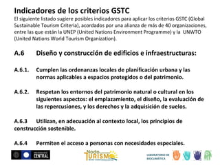 Indicadores de los criterios GSTC

El siguiente listado sugiere posibles indicadores para aplicar los criterios GSTC (Global
Sustainable Tourism Criteria), acordados por una alianza de más de 40 organizaciones,
entre las que están la UNEP (United Nations Environment Programme) y la UNWTO
(United Nations World Tourism Organization).

A.6

Diseño y construcción de edificios e infraestructuras:

A.6.1.

Cumplen las ordenanzas locales de planificación urbana y las
normas aplicables a espacios protegidos o del patrimonio.

A.6.2.

Respetan los entornos del patrimonio natural o cultural en los
siguientes aspectos: el emplazamiento, el diseño, la evaluación de
las repercusiones, y los derechos y la adquisición de suelos.

A.6.3 Utilizan, en adecuación al contexto local, los principios de
construcción sostenible.
A.6.4

Permiten el acceso a personas con necesidades especiales.
LABORATORIO DE
BIOCLIMÁTICA

 