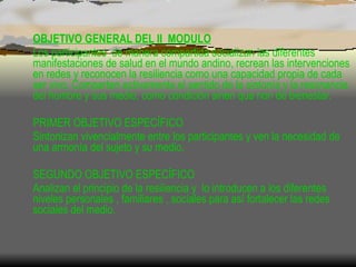 OBJETIVO GENERAL DEL II  MODULO Los participantes  de manera compartida socializan las diferentes manifestaciones de salud en el mundo andino, recrean las intervenciones en redes y reconocen la resiliencia como una capacidad propia de cada ser vivo. Comparten activamente el sentido de la sintonía y la resonancia del hombre y sus medio, como condiciòn sinen qua non de bienestar. PRIMER OBJETIVO ESPECÍFICO Sintonizan vivencialmente entre los participantes y ven la necesidad de una armonía del sujeto y su medio.  SEGUNDO OBJETIVO ESPECÍFICO Analizan el principio de la resiliencia y  lo introducen a los diferentes niveles personales , familiares , sociales para así fortalecer las redes sociales del medio.  