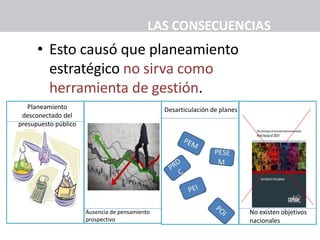 LAS CONSECUENCIAS
• Esto causó que planeamiento
estratégico no sirva como
herramienta de gestión.
Planeamiento
desconectado del
presupuesto público
Ausencia de pensamiento
prospectivo
Desarticulación de planes
No existen objetivos
nacionales
 