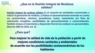 ¿Que es la Gestión Integral de Residuos
sólidos?
Para mejorar la calidad de vida de la población a partir de
mejores condiciones sanitarias y ambientales
de acuerdo con las posibilidades socioeconómicas de los
habitantes
¿Para qué?
Gestión integral de residuos sólidos: Es el conjunto de actividades encaminadas a
reducir la generación de residuos, a realizar el aprovechamiento teniendo en cuenta
sus características, volumen, procedencia, costos, tratamiento con fines de
valorización energética, posibilidades de aprovechamiento y comercialización.
También incluye el tratamiento y disposición final de los residuos no aprovechables.
(Decreto 2981 de 2013, art. 2).
 