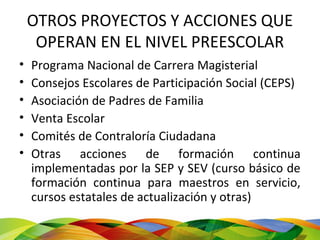 OTROS PROYECTOS Y ACCIONES QUE
     OPERAN EN EL NIVEL PREESCOLAR
•   Programa Nacional de Carrera Magisterial
•   Consejos Escolares de Participación Social (CEPS)
•   Asociación de Padres de Familia
•   Venta Escolar
•   Comités de Contraloría Ciudadana
•   Otras acciones de formación continua
    implementadas por la SEP y SEV (curso básico de
    formación continua para maestros en servicio,
    cursos estatales de actualización y otras)
 