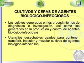 CULTIVOS Y CEPAS DE AGENTES BIOLÓGICO-INFECCIOSOS   Los cultivos generados en los procedimientos de diagnóstico e investigación, así como los generados en la producción y control de agentes biológico-infecciosos. Utensilios desechables usados para contener, transferir, inocular y mezclar cultivos de agentes biológico-infecciosos. 