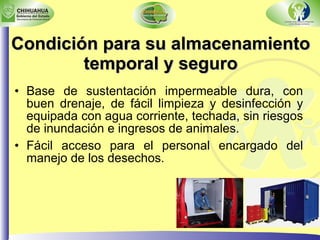 Condición para su almacenamiento temporal y seguro Base de sustentación impermeable dura, con buen drenaje, de fácil limpieza y desinfección y equipada con agua corriente, techada, sin riesgos de inundación e ingresos de animales. Fácil acceso para el personal encargado del manejo de los desechos. 
