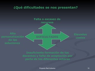 DIFICULTADES Falta o escasez de recursos Elevados costos Insuficiente formación de los docentes y falta de aceptación por parte de los diferentes actores Alta personalización de las soluciones   ¿Qué dificultades se nos presentan? 