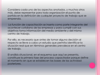 Considera cada uno de los aspectos anotados, y muchos otros
más, debe representar para toda organización el punto de
partida en la definición de cualquier proyecto de trabajo que se
emprenda.
La función de capacitación se inserta como parte integrante del
acontecer cotidiano de las empresas y para cumplir con sus
objetivos toma información del medio ambiente y del mismo
centro de trabajo.
Por ello, es necesario que antes de tomar alguna decisión al
respecto se lleve a cabo un estudio que permita identificar la
situación real que en términos generales prevalece en el centro
de trabajo.
El análisis situacional, en el esquema que aquí se presenta,
constituye la primera fase del proceso capacitador porque define
el momento en que se establecen las bases de las actividad
posteriores.
 