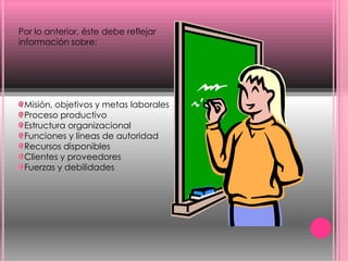 Por lo anterior, éste debe reflejar
información sobre:
Misión, objetivos y metas laborales
Proceso productivo
Estructura organizacional
Funciones y líneas de autoridad
Recursos disponibles
Clientes y proveedores
Fuerzas y debilidades
 