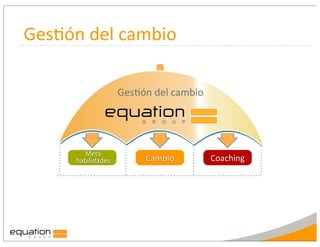 Ges:ón	
  del	
  cambio

                     Ges:ón	
  del	
  cambio
                equation
                  PROCESOS
                           G   R   O   U   P




         Meta
       habilidades          Cambio             Coaching
 