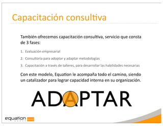 Capacitación	
  consul:va
  También	
  ofrecemos	
  capacitación	
  consul%va,	
  servicio	
  que	
  consta	
  
  de	
  3	
  fases:	
  
  1. Evaluación	
  empresarial
  2. Consultoría	
  para	
  adoptar	
  y	
  adaptar	
  metodologías
  3. Capacitación	
  a	
  través	
  de	
  talleres,	
  para	
  desarrollar	
  las	
  habilidades	
  necesarias

  Con	
  este	
  modelo,	
  Equa%on	
  le	
  acompaña	
  todo	
  el	
  camino,	
  siendo	
  
  un	
  catalizador	
  para	
  lograr	
  capacidad	
  interna	
  en	
  su	
  organización.




           ADAPTAR
 