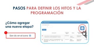 Dar clic en el icono …
1
EJECUCION DE OBRA DEL MEJORAMIENTO DE LA
PRESTACIÓN DEL SERVICIO DE LA I.E.I 945-
ANDARAPA
ELABORACIÓN DEL EXPEDIENTE TECNICO
OBRAS -
CONTRATA
SERVICIOS -
CONTRATA
MODALIDAD -
INDIRECTA
¿Cómo agregar
una nueva etapa?
EJECUCIÓN DE OBRA MEJORAMIENTO DE LA
SERVICIO DE LA IEI 945 ANDARAPA – IIETAPA
OBRAS
CONTRATA
PASOS PARA DEFINIR LOS HITOS Y LA
PROGRAMACIÓN
 