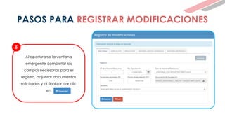Al aperturarse la ventana
emergente completar los
campos necesarios para el
registro, adjuntar documentos
solicitados y al finalizar dar clic
en
5
Registro de modificaciones
PASOS PARA REGISTRAR MODIFICACIONES
 