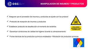  Asegurar que el proveedor de insumos y productos se ajuste con los protocolos
 Protocolo de recepción de insumos y productos
 Establecer protocolo de desafección al momento de recibirlos
 Garantizar condiciones de calidad de higiene durante su almacenamiento
 Fichas técnicas de los productos químicos empleados • Rotulación de productos químicos
MANIPULACION DE INSUMOS Y PRODUCTOS
 