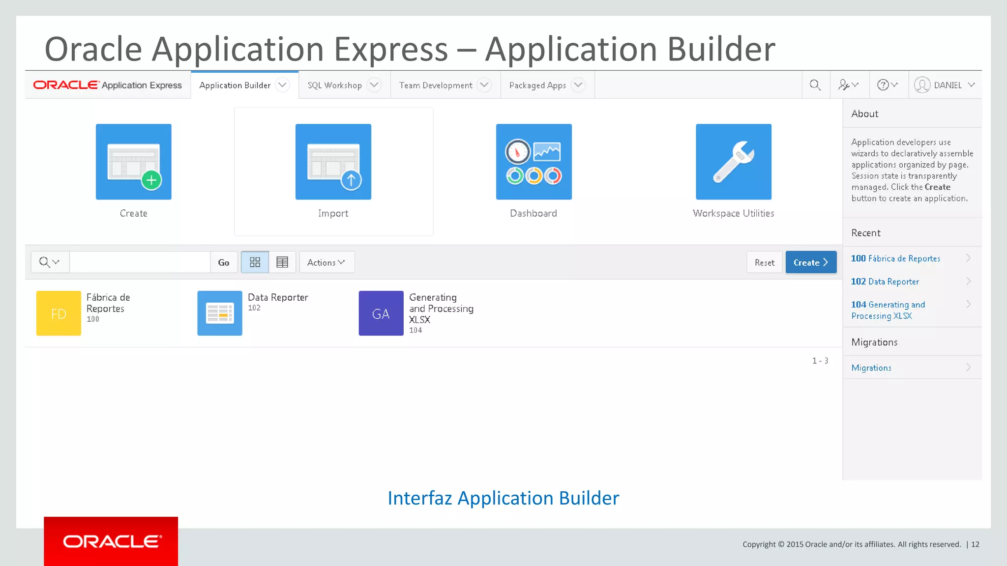 Copyright © 2015 Oracle and/or its affiliates. All rights reserved. | 12
Oracle Application Express – Application Builder
Integrated Development Environment (IDE) with Application Development Graphical “Page Designer”
Interfaz Application Builder
 