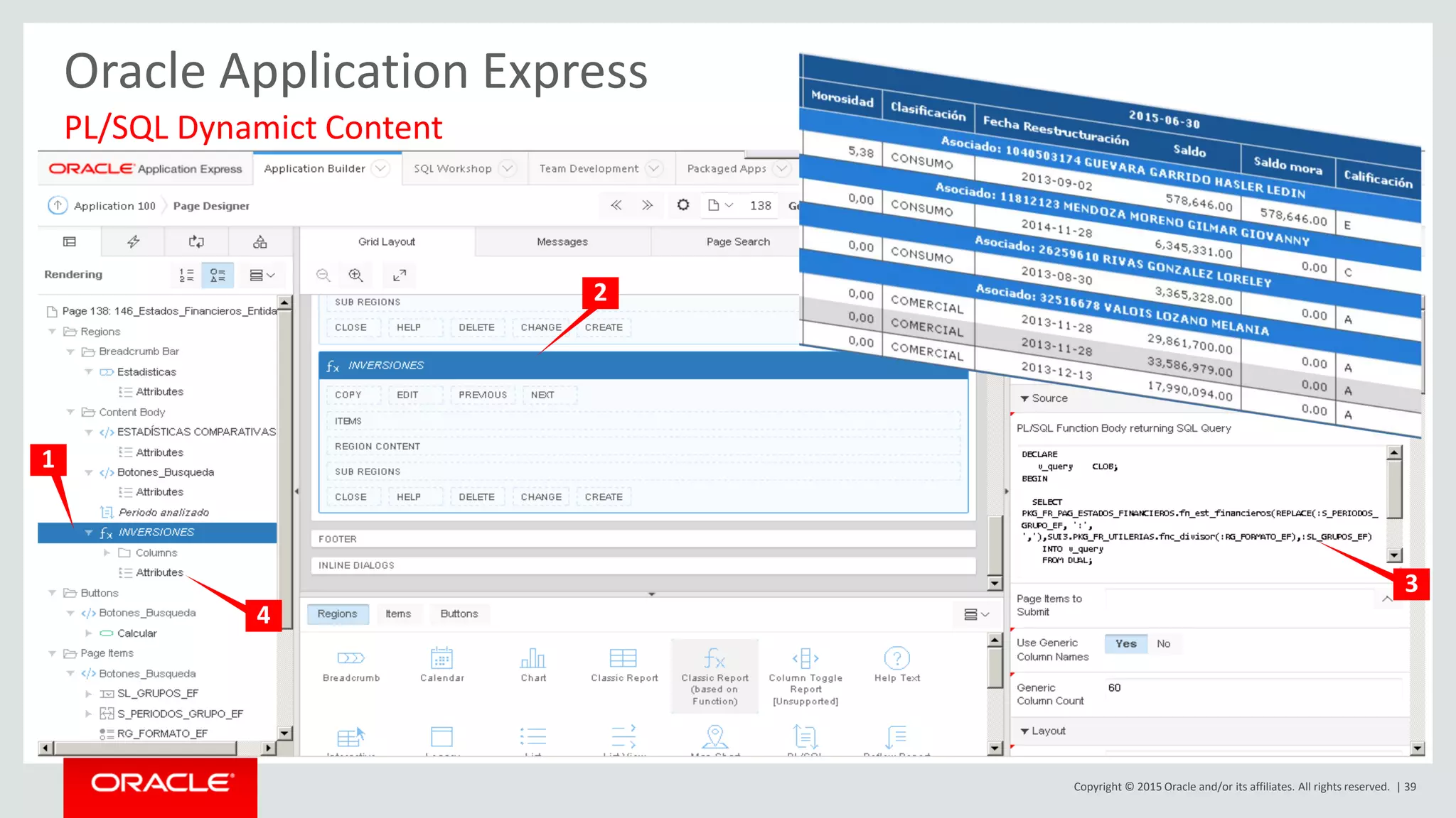 Copyright © 2015 Oracle and/or its affiliates. All rights reserved. | 39
Oracle Application Express
PL/SQL Dynamict Content
1
2
3
4
 