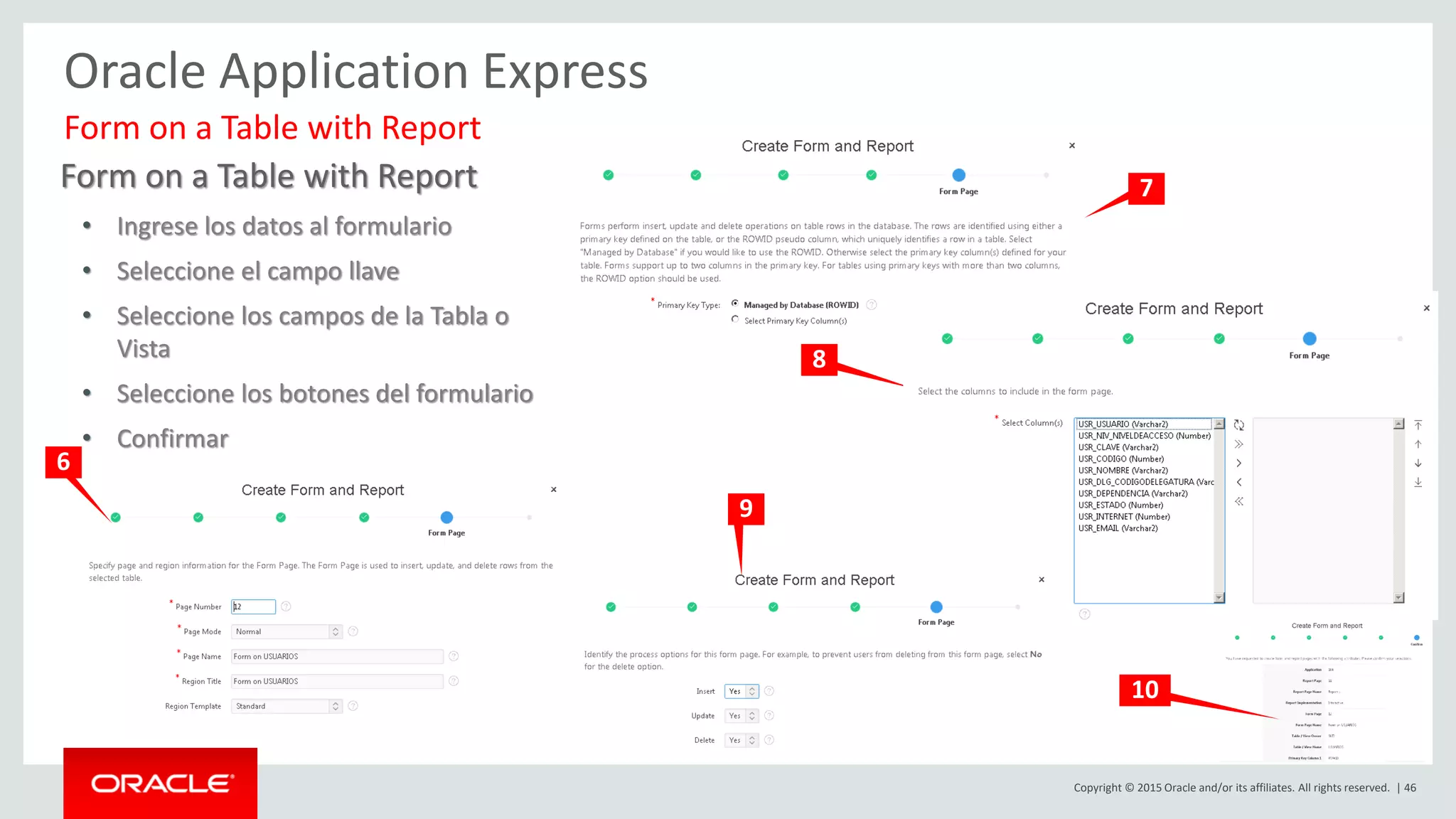Copyright © 2015 Oracle and/or its affiliates. All rights reserved. | 46
Oracle Application Express
Form on a Table with Report
• Ingrese los datos al formulario
• Seleccione el campo llave
• Seleccione los campos de la Tabla o
Vista
• Seleccione los botones del formulario
• Confirmar
Form on a Table with Report
6
7
8
5
9
10
 