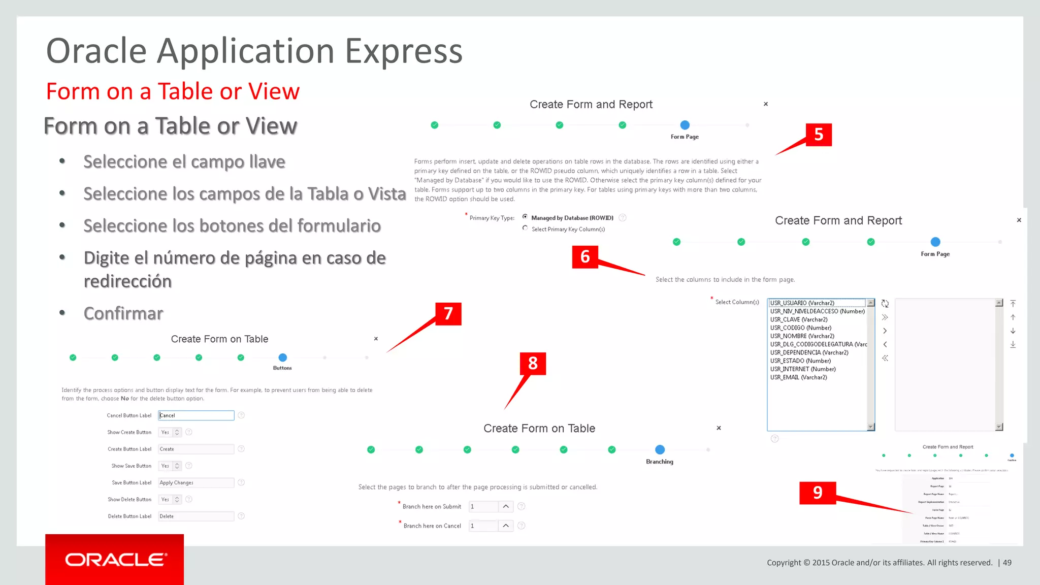 Copyright © 2015 Oracle and/or its affiliates. All rights reserved. | 49
Oracle Application Express
Form on a Table or View
• Seleccione el campo llave
• Seleccione los campos de la Tabla o Vista
• Seleccione los botones del formulario
• Digite el número de página en caso de
redirección
• Confirmar
Form on a Table or View
7
5
6
5
8
9
 