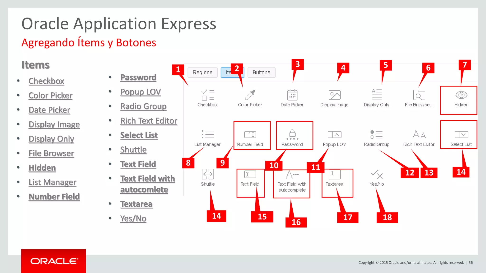 Copyright © 2015 Oracle and/or its affiliates. All rights reserved. | 56
Oracle Application Express
Items
• Checkbox
• Color Picker
• Date Picker
• Display Image
• Display Only
• File Browser
• Hidden
• List Manager
• Number Field
• Password
• Popup LOV
• Radio Group
• Rich Text Editor
• Select List
• Shuttle
• Text Field
• Text Field with
autocomlete
• Textarea
• Yes/No
Agregando Ítems y Botones
1 2 3 4 5 6
1312
111098
14 15
16
17
7
14
18
 