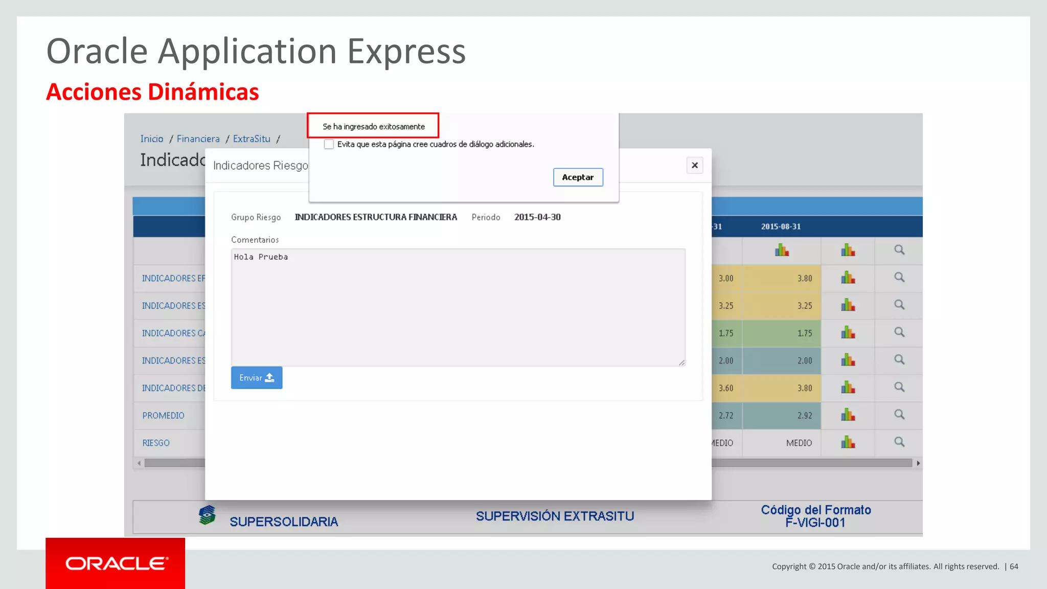 Copyright © 2015 Oracle and/or its affiliates. All rights reserved. | 64
Oracle Application Express
Acciones Dinámicas
 
