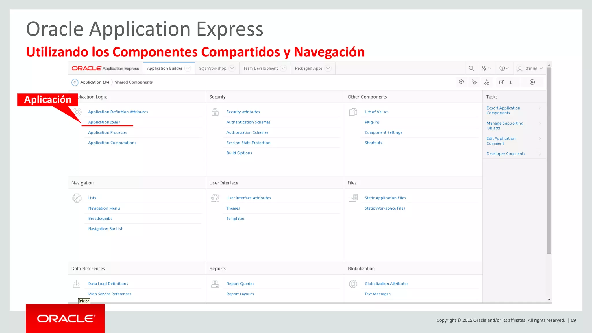 Copyright © 2015 Oracle and/or its affiliates. All rights reserved. | 69
Oracle Application Express
Utilizando los Componentes Compartidos y Navegación
Aplicación
 
