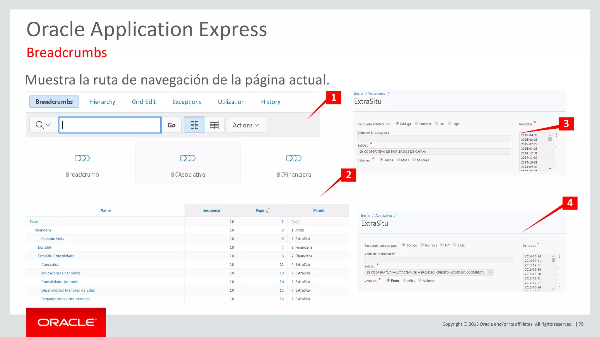 Copyright © 2015 Oracle and/or its affiliates. All rights reserved. | 78
Oracle Application Express
Muestra la ruta de navegación de la página actual.
Breadcrumbs
1
3
2
4
 