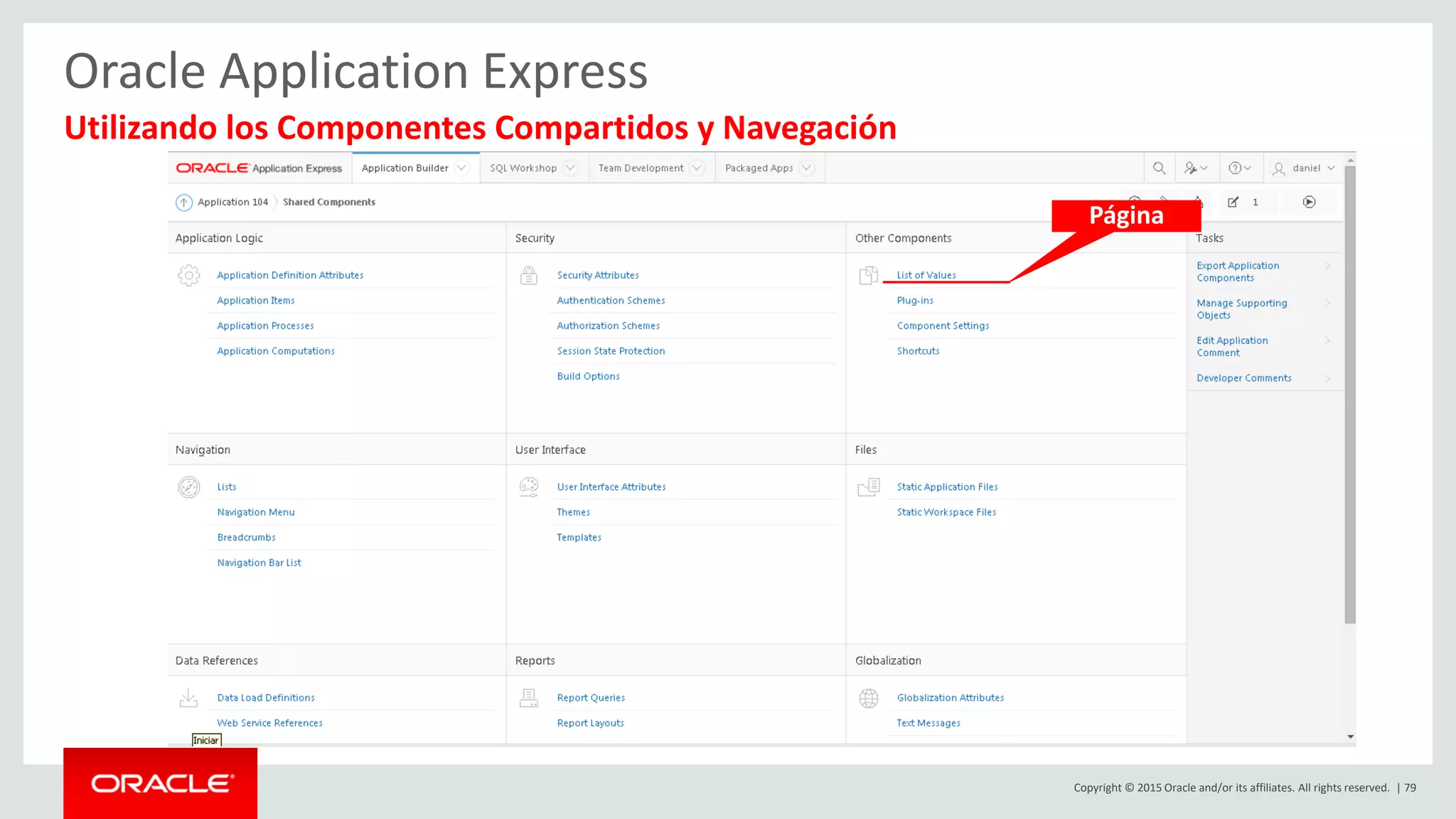 Copyright © 2015 Oracle and/or its affiliates. All rights reserved. | 79
Oracle Application Express
Utilizando los Componentes Compartidos y Navegación
Página
 