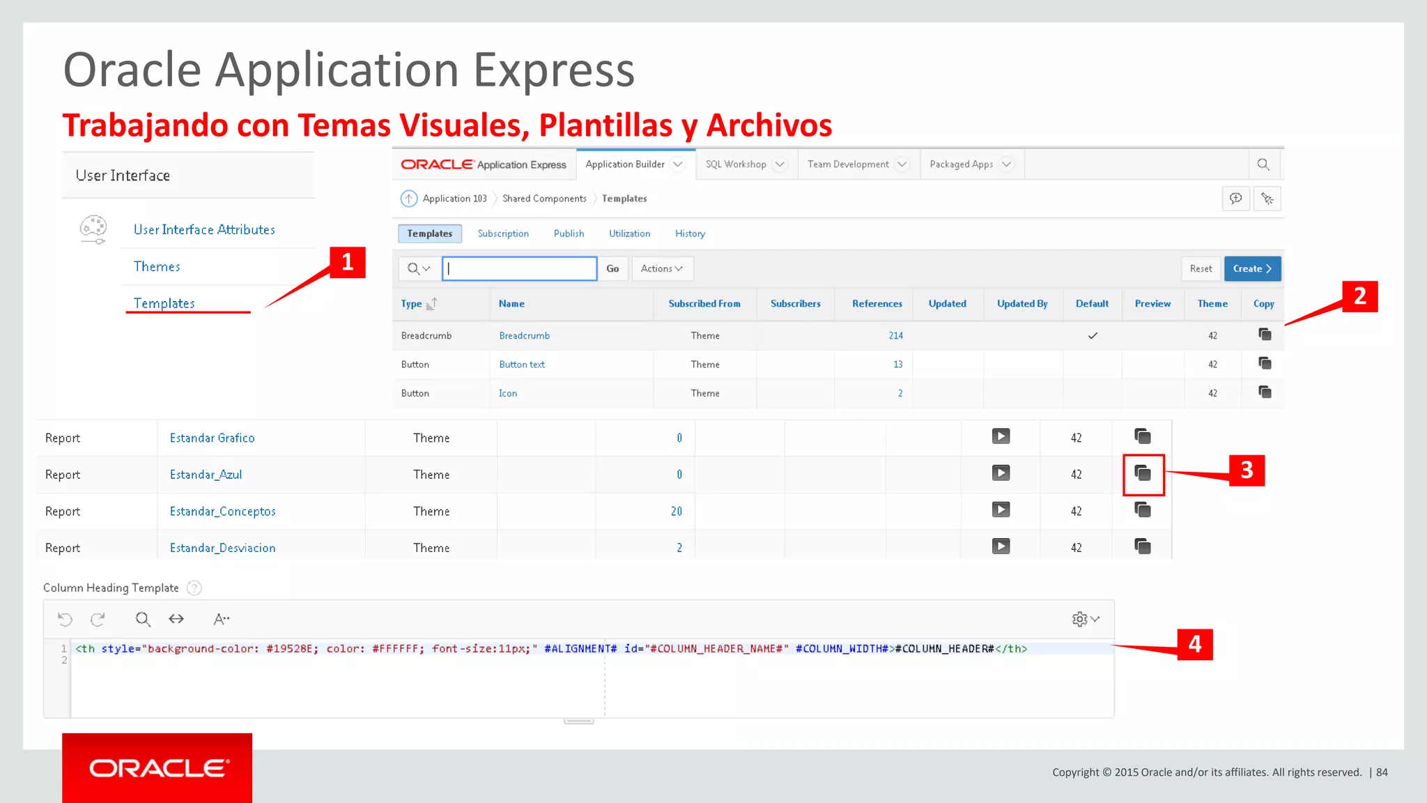 Copyright © 2015 Oracle and/or its affiliates. All rights reserved. | 84
Oracle Application Express
Trabajando con Temas Visuales, Plantillas y Archivos
1
2
3
4
 