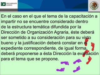 Fomento a la Inversión
Pública y Privada en la
Propiedad Rural
FIPP
En el caso en el que el tema de la capacitación a
impartir no se encuentre considerado dentro
de la estructura temática difundida por la
Dirección de Organización Agraria, éste deberá
ser sometido a su consideración para su visto
bueno y la justificación deberá constar en el
expediente correspondiente, de igual forma,
deberá proponerse a ésta Dirección la evaluación
para el tema que se propone.
 