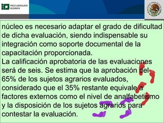 Fomento a la Inversión
Pública y Privada en la
Propiedad Rural
FIPP
núcleo es necesario adaptar el grado de dificultad
de dicha evaluación, siendo indispensable su
integración como soporte documental de la
capacitación proporcionada.
La calificación aprobatoria de las evaluaciones
será de seis. Se estima que la aprobación del
65% de los sujetos agrarios evaluados,
considerado que el 35% restante equivale a
factores externos como el nivel de analfabetismo
y la disposición de los sujetos agrarios para
contestar la evaluación.
 