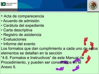 Fomento a la Inversión
Pública y Privada en la
Propiedad Rural
FIPP
• Acta de comparecencia
• Acuerdo de admisión
• Carátula del expediente
• Carta descriptiva
• Registro de asistencia
• Evaluaciones
• Informe del evento
Los formatos que dan cumplimiento a cada uno de estos
elementos se detallan en la sección
“4.6. Formatos e Instructivos” de este Manual de
Procedimiento, y pueden ser consultados en el
Anexo II.
 