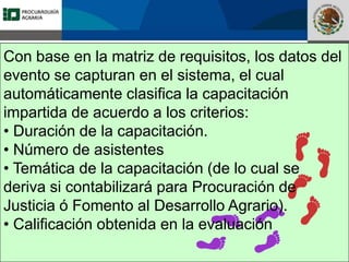 Fomento a la Inversión
Pública y Privada en la
Propiedad Rural
FIPP
Con base en la matriz de requisitos, los datos del
evento se capturan en el sistema, el cual
automáticamente clasifica la capacitación
impartida de acuerdo a los criterios:
• Duración de la capacitación.
• Número de asistentes
• Temática de la capacitación (de lo cual se
deriva si contabilizará para Procuración de
Justicia ó Fomento al Desarrollo Agrario).
• Calificación obtenida en la evaluación
 
