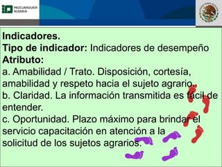 Fomento a la Inversión
Pública y Privada en la
Propiedad Rural
FIPP
Indicadores.
Tipo de indicador: Indicadores de desempeño
Atributo:
a. Amabilidad / Trato. Disposición, cortesía,
amabilidad y respeto hacia el sujeto agrario.
b. Claridad. La información transmitida es fácil de
entender.
c. Oportunidad. Plazo máximo para brindar el
servicio capacitación en atención a la
solicitud de los sujetos agrarios.
 