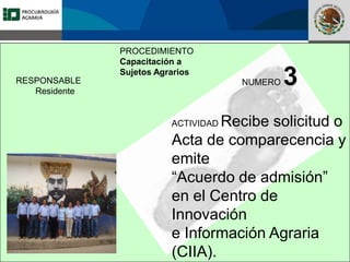 Fomento a la Inversión
Pública y Privada en la
Propiedad Rural
FIPP
PROCEDIMIENTO
Capacitación a
Sujetos Agrarios
NUMERO 3
ACTIVIDAD Recibe solicitud o
Acta de comparecencia y
emite
“Acuerdo de admisión”
en el Centro de
Innovación
e Información Agraria
(CIIA).
RESPONSABLE
Residente
 