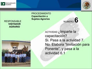 Fomento a la Inversión
Pública y Privada en la
Propiedad Rural
FIPP
PROCEDIMIENTO
Capacitación a
Sujetos Agrarios
NUMERO 6
ACTIVIDAD ¿Imparte la
capacitación?
Si. Pasa a la actividad 7.
No. Elabora “Invitación para
Ponente”, y pasa a la
actividad 6.1
RESPONSABLE
VISITADOR
AGRARIO
 