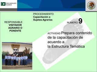 Fomento a la Inversión
Pública y Privada en la
Propiedad Rural
FIPP
PROCEDIMIENTO
Capacitación a
Sujetos Agrarios
NUMERO 9
ACTIVIDAD Prepara contenido
de la capacitación de
acuerdo a
la Estructura Temática
RESPONSABLE
VISITADOR
AGRARIO O
PONENTE
 