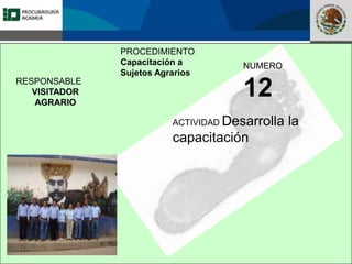 Fomento a la Inversión
Pública y Privada en la
Propiedad Rural
FIPP
PROCEDIMIENTO
Capacitación a
Sujetos Agrarios
NUMERO
12
ACTIVIDAD Desarrolla la
capacitación
RESPONSABLE
VISITADOR
AGRARIO
 
