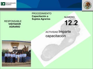 Fomento a la Inversión
Pública y Privada en la
Propiedad Rural
FIPP
PROCEDIMIENTO
Capacitación a
Sujetos Agrarios
NUMERO
12.2
ACTIVIDAD Imparte
capacitación
RESPONSABLE
VISITADOR
AGRARIO
 