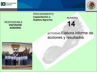 Fomento a la Inversión
Pública y Privada en la
Propiedad Rural
FIPP
PROCEDIMIENTO
Capacitación a
Sujetos Agrarios
NUMERO
14
ACTIVIDAD Elabora informe de
acciones y resultados
RESPONSABLE
VISITADOR
AGRARIO
 