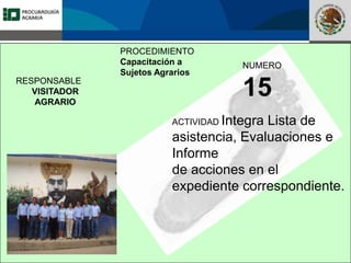 Fomento a la Inversión
Pública y Privada en la
Propiedad Rural
FIPP
PROCEDIMIENTO
Capacitación a
Sujetos Agrarios
NUMERO
15
ACTIVIDAD Integra Lista de
asistencia, Evaluaciones e
Informe
de acciones en el
expediente correspondiente.
RESPONSABLE
VISITADOR
AGRARIO
 