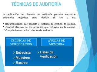 La aplicación de técnicas de auditoría permite encontrar
evidencias objetivas para decidir si hay o no:
* Documentación que soporte el sistema de gestión de calidad.
* Control efectivo de los procesos que influyen en la calidad.
* Cumplimiento con los criterios de auditoría.
TÉCNICAS DE AUDITORÍA
 
