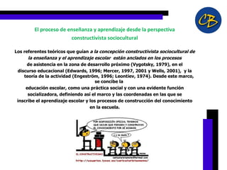 El proceso de enseñanza y aprendizaje desde la perspectiva constructivista sociocultural Los referentes teóricos que guían  a la concepción constructivista sociocultural de la enseñanza y el aprendizaje escolar  están anclados en los procesos de asistencia en la zona de desarrollo próximo (Vygotsky, 1979), en el discurso educacional (Edwards, 1996; Mercer, 1997, 2001 y Wells, 2001),  y la teoría de la actividad (Engeström, 1996; Leontiev, 1974). Desde este marco, se concibe la educación escolar, como una práctica social y con una evidente función socializadora, definiendo así el marco y las coordenadas en las que se inscribe el aprendizaje escolar y los procesos de construcción del conocimiento en la escuela. 