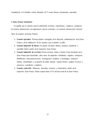 12
Actualmente en Colombia existen alrededor de 71 zonas francas permanentes especiales.
3. Zona Franca transitoria:
Es aquella que se autoriza para la celebración de ferias, exposiciones, congresos, seminarios
de carácter internacional con importancia para la economía y el comercio internacional del país.
Tipos de usuarios de Zonas Francas
 Usuario operador: Persona jurídica encargada de la dirección, administración de la Zona
Franca y de la calificación de los usuarios que se instalen en ellas.
 Usuario industrial de bienes: El usuario de bienes fabrica, produce, transforma o
ensambla bienes dentro de la respectiva Zona Franca.
 Usuario industrial de servicios: Presta servicios dentro o desde el área declarada de la
Zona Franca para desarrollar, entre otras, las siguientes actividades: logística, transporte,
distribución, telecomunicaciones, investigación científica y tecnológica, asistencia
médica, odontológica y en general de salud, turismo, soporte técnico, equipos de naves y
aeronaves, consultoría o similares.
 Usuario comercial: Almacena, mercadea, conserva y comercializa dentro de la
respectiva Zona Franca. Puede ocupar hasta el 5% del área total de la Zona Franca.
 