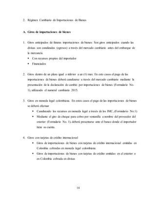 14
2. Régimen Cambiario de Importaciones de Bienes
A. Giros de importaciones de bienes
1. Giros anticipados de futuras importaciones de bienes: Son giros anticipados cuando las
divisas son canalizadas (egresos) a través del mercado cambiario antes del embarque de
la mercancía.
 Con recursos propios del importador
 Financiados
2. Giros dentro de un plazo igual o inferior a un (1) mes: En esto casos el pago de las
importaciones de bienes deberá canalizarse a través del mercado cambiario mediante la
presentación de la declaración de cambio por importaciones de bienes (Formulario No.
1), utilizando el numeral cambiario 2015.
3. Giros en moneda legal colombiana. En estos casos el pago de las importaciones de bienes
se deberá efectuar
 Canalizando los recursos en moneda legal a través de los IMC, (Formulario No.1)
 Mediante el giro de cheque para cobro por ventanilla a nombre del proveedor del
exterior (Formulario No. 1), deberá presentarse ante el banco donde el importador
tiene su cuenta.
4. Giros con tarjetas de crédito internacional
 Giros de importaciones de bienes con tarjetas de crédito internacional emitidas en
Colombia cobradas en moneda legal colombiana.
 Giros de importaciones de bienes con tarjetas de crédito emitidas en el exterior o
en Colombia cobrada en divisas
 