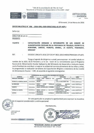 "Año de la consolidación del Mar de Gran"
"Decenio de 'as Persooas coo :>iscapac.dad en el Perú 2007 - 2016"
GOBIERNO
REGION1L LA
LJBERTAO
JUSTICIASOCIAl
( , INVERSIÓN
-- -El Porvenir, 14 de Marzo de 2016
OFICIO MULTIPLE Nº 006 - 2016-GRLL-GGR-GRSE/UGEL-01 EP-AGP-J
Señor {a):
DIRECTOR DE LA I.E. _
PRESENTE
ASUNTO
REF.
CAPACITACIÓN DIRIGIDO A INTEGRANTES DE LOS COMITÉ DE
ALIMENTACION ESCOLAR EN LA PROVINCIA DE TRUJILLO, DISTRITO EL
PORVENIR, LAREDO, POROTO, SIMBAL, LA CUESTA, PARANDAY,
SINSICAP
SISGEOO 2941475-2016 (OFICIO Nº 0021-2016-MIDIS/PNAEQW-UTLLBT)
Tengo el agrado de dirigirme a usted, para expresar mi cordial saludo en
nombre de la UGEL 01 El Porvenir y a la vez hacer de su conocimiento que el Programa
Nacional de Alimentación Escolar Qaliwarma del Ministerio de Desarrollo e Inclusión Social,
con la finalidad de contribuir a mejorar la calidad del servicio alimentario de los niños y niñas,
ha programado la realización de talleres de Capacitación dirigidos a miembros de los Comité
de Alimentación Escolar - CAE, de acuerdo al siguiente cronograma:
OtONOG:R.AMA DECAPAOTAOÓNAMIEMBROSOE CAE 2016
DISTRITO FECHA LUGAR OlR.ECCIÓ� HOAA
SINSICAP/ PARANOAV 2L032016
180664 SAN IGNAC.O DE AVENIDA TRUJILLO 08:00 a 13:00 hcras
LOYOlA S.'N
OTUZCO! lA (!JESTA/ SALPO 21.03 2016 80229 CALLe BCUVAR 700 14:00 a 18:00 horas
UfORVENIR 23-03 2016 80824 JOSE CARLOS AVENIDA MATEO u:oo a 18:00 horas
l'IA.�TEGU P<IMACAHUA 1275
POROTO 30.03 2016 80825 VIRGEN DELCARMEN CALLE SANTOS 14:l'IO::i lP.:Mhf'lr.:t<:
CHOCANOS.'N
SIMBAL/ lA CUESTA 31.03 2016 &l632 CESAR A VAJ IFJC CARRETERA S�ABAL- 14;00 a 18:00 hora!,
ME�D07.JI S!N IGNACtO SiN
lARECO 07.04 2C•l6 ANTENOR ORREGC JIRON SAN JOSE 870 14:00 a 18:00 horas
ESPINOZA
I ARV1T>.IJGEL01EP
kCAC.,J.AGP
dai/�!M:
SISGEDO 02S66907 - 02608706
Atentamente,
"Creciendo Juntos en Libertad"
S<d9 lllsll,éoretMi:a<re-N' 1389-Bl'mP.nír
 